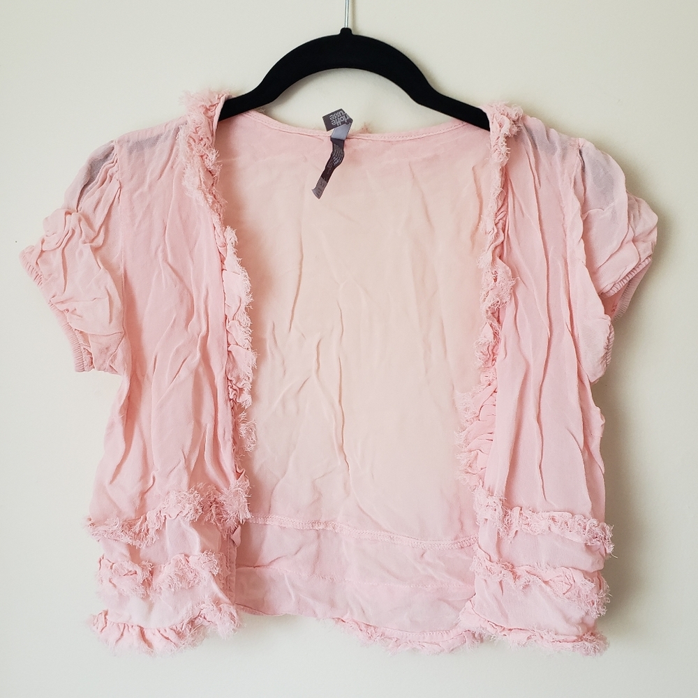 Light Pink Women's Short Sleeve Ruffle Cardigan